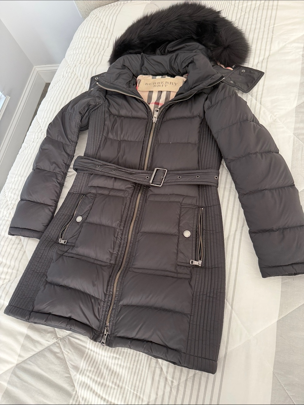 Burberry Black Quilted Belted Down Puffer Coat with Fur-Trim Hood